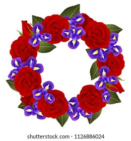 Red Rose and Iris Flower Wreath. isolated on White Background. Vector Illustration.