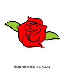 Red rose isolated. Flower and green leaves on white background
