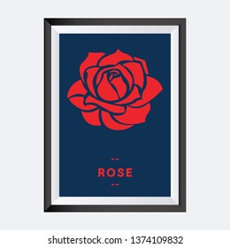 Red rose. Isolated flower on blue background with border.