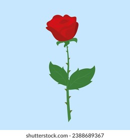 Red rose isolated on blue background. Vector illustration in flat style.