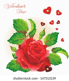 Rojo rosa aislado en un fondo blanco. Tarjeta de regalo de San Valentín con corazones. Hermosa ilustración estilo vintage
