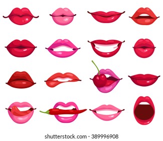 Red and rose kissing and smiling cartoon lips isolated decorative icons for party presentation vector illustration 