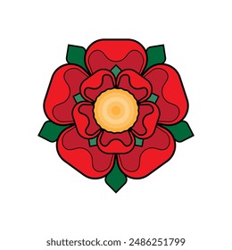 Red Rose of Lancaster | Heraldic Flower Badge Emblem Vector Illustration | Flat Red Green Yellow Black Outline