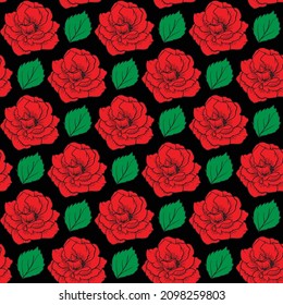 Red Rose and leaf Seamless Pattern Design with black background