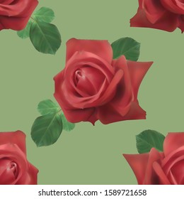 Red rose with leaves made with gradient mesh, seamless flower pattern, vector