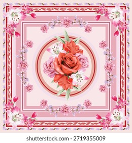 Patrón de bufanda cuadrada de círculo de lirio rosa rojo