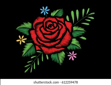 Red rose and little flowers embroidery design. Stock Vector