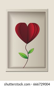 Red rose look like heart shape in the frame, papercut vector