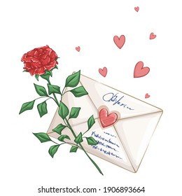 Red rose, love letter and hearts. Romantic beautiful composition on a white background.