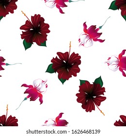 Red Rose Mallow. Red Fuchsia. Vector illustration. Seamless background pattern. Floral botanical flower. Wild leaf wildflower isolated. Exotic tropical hawaiian jungle. Fabric wallpaper print texture.