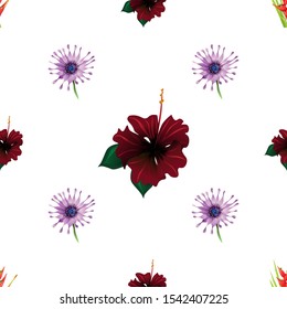 Red Rose Mallow. Red Heliconia Bihai. Purple Osteospermum Daisybush. Vector illustration. Seamless background pattern. Floral botanical flower. Wild leaf wildflower isolated. Exotic tropical.