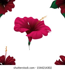 Red Rose Mallow. Red Hibiscus. Vector illustration. Seamless background pattern. Floral botanical flower. Wild leaf wildflower isolated. Exotic tropical hawaiian jungle. Fabric wallpaper print.
