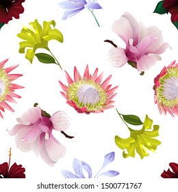 Red Rose Mallow. Pink Protea. Violet Agapanthus Lily. Yellow Lilium. Pink Magnolia. Vector illustration. Seamless background pattern. Floral botanical flower. Wild leaf wildflower isolated. Exotic.