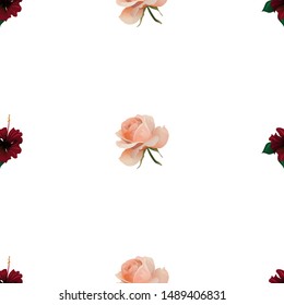 Red Rose Mallow. Pink Rose. Vector illustration. Seamless background pattern. Floral botanical flower. Wild leaf wildflower isolated. Exotic tropical hawaiian jungle. Fabric wallpaper print texture.