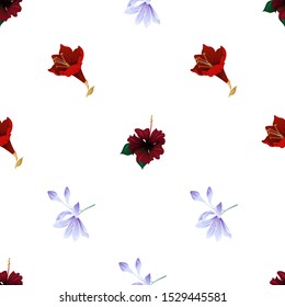 Red Rose Mallow. Purple Amaryllis. Violet Agapanthus Lily. Vector illustration. Seamless background pattern. Floral botanical flower. Wild leaf wildflower isolated. Exotic tropical hawaiian jungle.