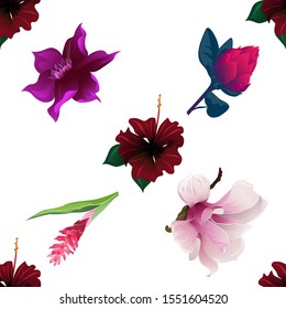 Red Rose Mallow. Purple Clematis. Red Vriesea. Red and Pink Ginger. Pink Magnolia. Vector illustration. Seamless background pattern. Floral botanical flower. Wild leaf wildflower isolated. Exotic.