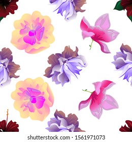 Red Rose Mallow. Violet Clematis. Yellow Magnolia. Pink Magnolia. Vector illustration. Seamless background pattern. Floral botanical flower. Wild leaf wildflower isolated. Exotic tropical hawaiian.