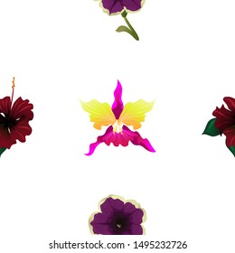 Red Rose Mallow. Violet Petunia. Pink Orchid. Vector illustration. Seamless background pattern. Floral botanical flower. Wild leaf wildflower isolated. Exotic tropical hawaiian jungle. Fabric.
