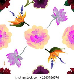 Red Rose Mallow. Yellow Magnolia. Violet Petunia. Orange Strelitzia. Purple Lotus. Vector illustration. Seamless background pattern. Floral botanical flower. Wild leaf wildflower isolated. Exotic.