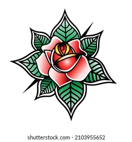 Red Rose in old school tattoo style isolated on a white background. Vector illustration