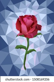 Red rose on abstract poly background. Cartoon theme. Stylish girl background. Postcard or cover design