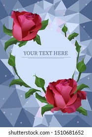 Red rose on abstract poly background. Cartoon theme. Stylish girl background. Postcard, wedding invitation, greeting card or cover design. Vector