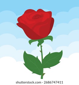 Rosa roja sobre un fondo de cielo azul con nubes. Ilustración vectorial.