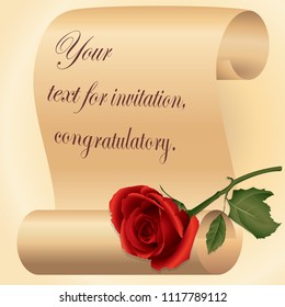 Red rose on the background of the scroll. For background or invitation.