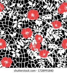Red rose on a black giraffe background. Seamless vector pattern.