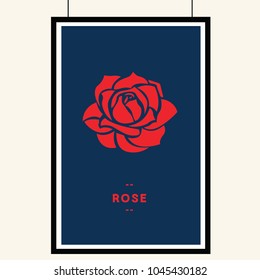 Red rose on blue background with black border. Vector illustration.