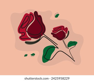 Red Rose. Red Rose on a colored background. Images. Poster. Deco. Decoration. Idee. Deco Idee. Flowers. Flower. Nature. One line art. Sketch. Doodle. EPS10. Green leaves. 