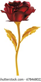 Red rose on a golden stalk for a fairy tale