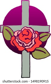 Red rose on a gray cross.