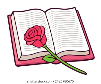 Red rose on open book, simple cartoon drawing. Romance novel reading. Vector clip art illustration.