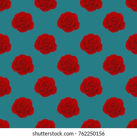 Red Rose on Seamless Blue Teal Background. Vector Illustration.