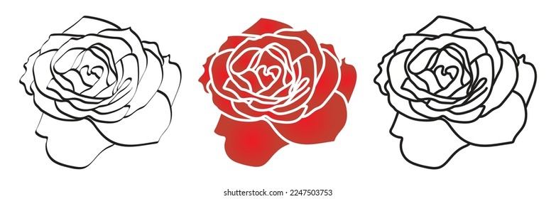 Red Rose and Outline Flower Illustration Isolated on White Background