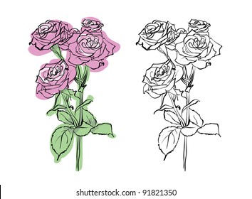 Red rose painted silhouette and in color, vector