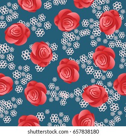 Red Rose Pattern on Blue Background : Seamless Pattern : Vector Illustration