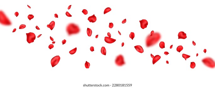 Red rose petal wave. Flower part flying on white background. Spring blossom frame. Valentine romantic card. Happy Woman, Mother day. Beauty Spa product. Organic cosmetic. Vector illustration.