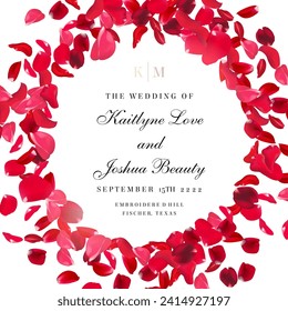 Red rose petals falling in the air on white romantic vector card. Round wedding celebration design. Love wreath. Stylish fashion backdrop. Saint Valentines Day template. All elements are isolated