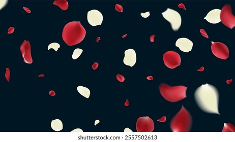 Red rose petals falling on dark blue background. Vector illustration.