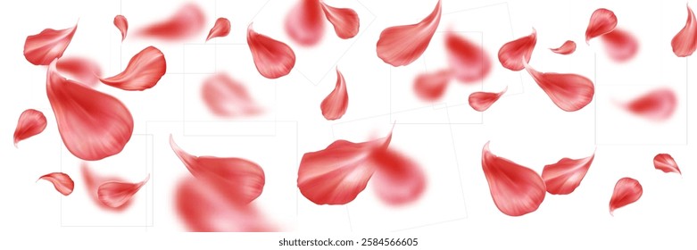 Red rose petals floating in air with blurred motion effect on white background. Scattered crimson floral elements in dynamic composition for romantic design or wedding decoration. Flying blossom leaf.