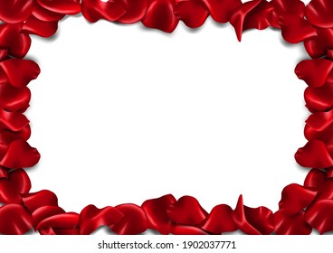 Red rose petals frame isolated on white background. Romantic wedding valentine vector illustration.