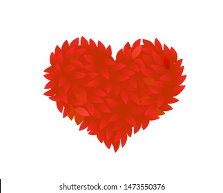Red rose petals heart. Foliage bush leaves In the red shape of a heart. Love romance design. Thick thickets shrubs.