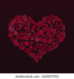 Red rose petals. Heart shape black background. Valentine s day. Greeting card Vector illustration.