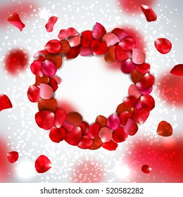 Red rose petals on gray background, vector illustration Valentine's day with beautiful rose petals. Love backdrop