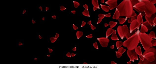 Red rose petals scattered on black background. Dark moody composition of flying crimson floral elements in motion for romantic design or wedding decor. Floating scarlet blooms for luxury banner.