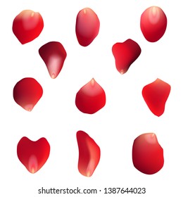 Red Rose Petals Set, Isolated On White, Vector Illustration