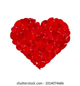 Lot of red rose petals. The shape of a heart. Valentine s day. Greeting card Vector illustration.