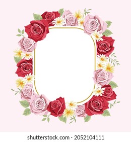Red Rose, Pink Rose And Small Daisy Flower Frame, Wedding Invitation Card, Thank You Card